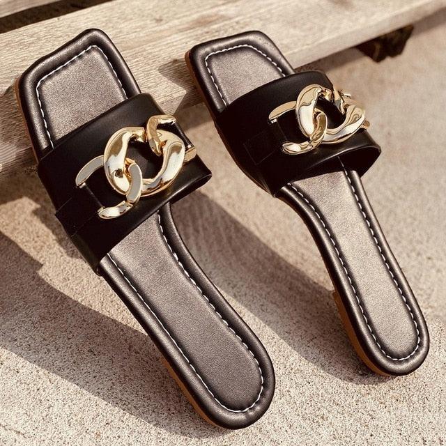 Women gold chain square-toe slip-on sandals, black strap, gold hardware two sandals on Tampa Home & Garden Store