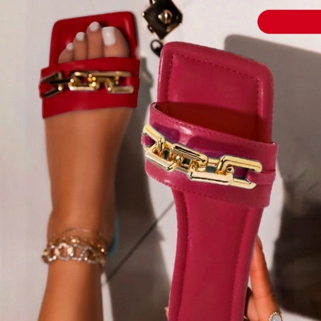 Stevvex Women Gold Chain Square-Toe Slip-On Sandals pair in red and pink with gold chain straps on Tampa Home & Garden Store