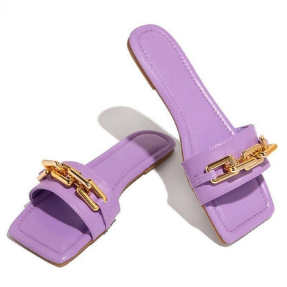 Women lavender Stevvex gold chain square-toe slip-on sandals pair on Tampa Home & Garden Store