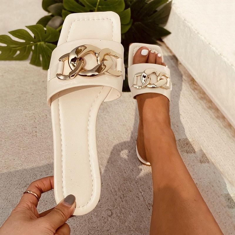 Women Gold Chain And Square Toe Slip On Sandals white faux leather with gold chain Stevvex on Tampa Home & Garden Store