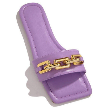 Women Gold Chain And Square Toe Slip On Sandals Stevvex lavender with gold chain hardware on Tampa Home & Garden Store