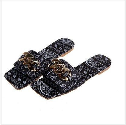 Stevvex women gold chain square toe sandals, black bandana print slip-on pair on Tampa Home & Garden Store