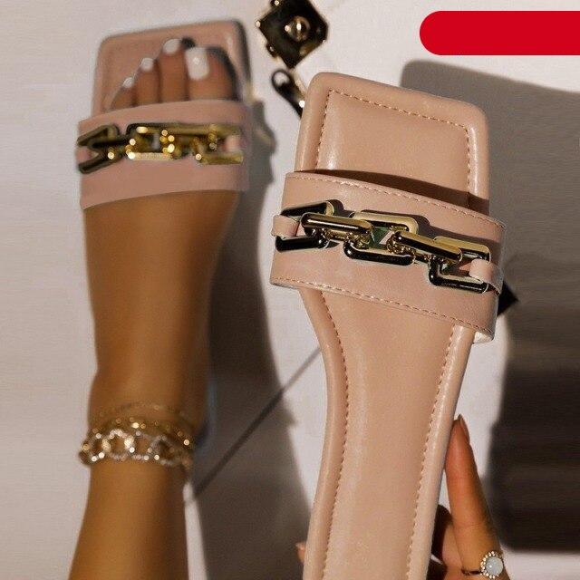 Women blush pink slip-on sandals pair with gold chain hardware, square toe, Stevvex on Tampa Home & Garden Store