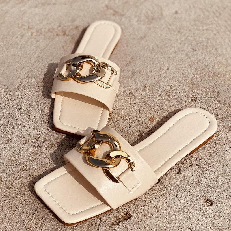 Women cream faux leather gold-chain square-toe slip-on sandals, Stevvex brand, pair on Tampa Home & Garden Store