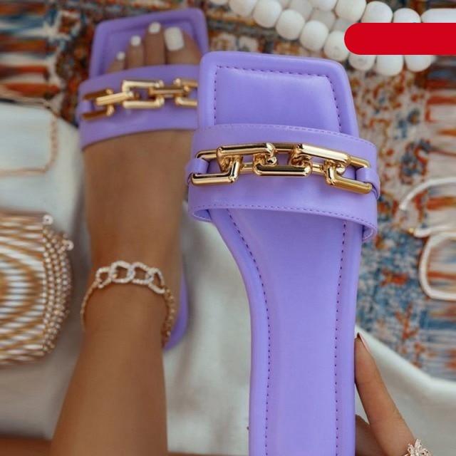 Women Gold Chain And Square Toe Slip On Sandals by Stevvex, purple with gold chain strap on Tampa Home & Garden Store