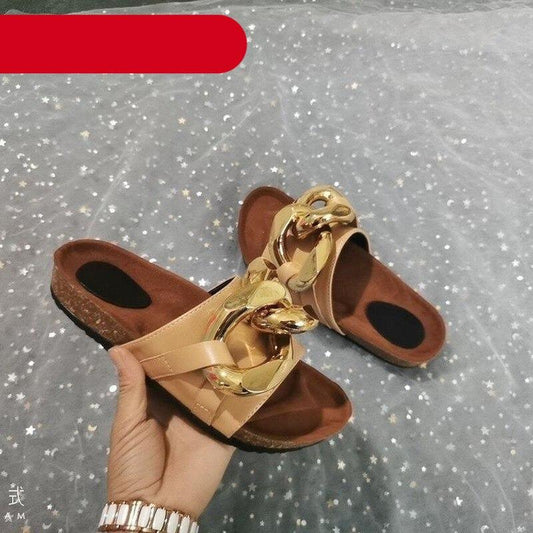 Leather flat sandals with gold chain detail beige Stevvex ST85SH2002FJD open-toe slides on Tampa Home & Garden Store