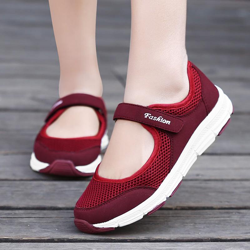 Women Stevvex burgundy mesh sneakers with Velcro strap, breathable casual runner, white sole on Tampa Home & Garden Store