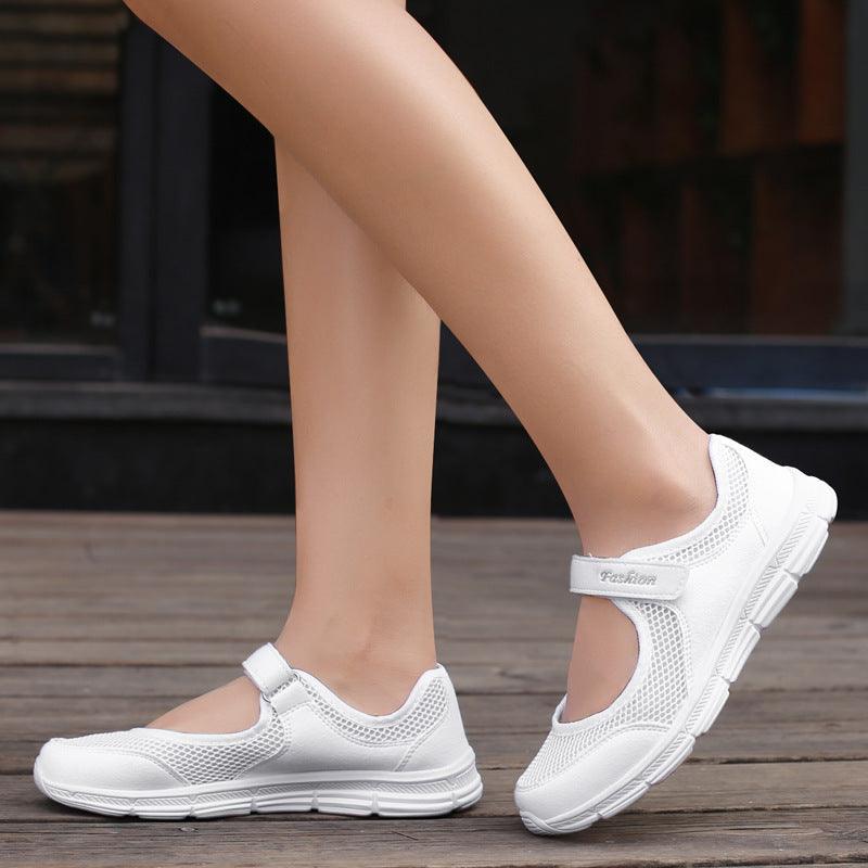 Women’s sneakers Stevvex white breathable mesh slip-on with Velcro strap casual flat shoes on Tampa Home & Garden Store