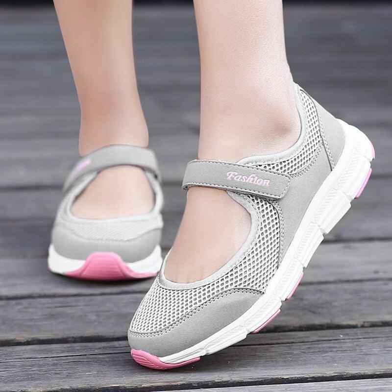 Stevvex women's mesh sneakers espadrille, grey mesh with pink outsole, pair on Tampa Home & Garden Store