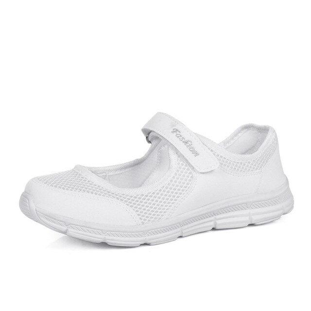 Stevvex women white mesh slip-on sneakers with Velcro strap, breathable casual work shoes on Tampa Home & Garden Store