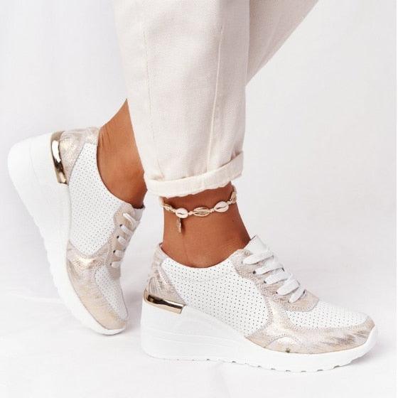 Stevvex women's sneakers white perforated upper with gold accents lace-up and wedge sole on Tampa Home & Garden Store
