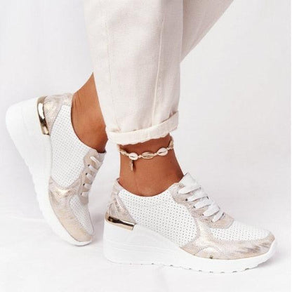 Stevvex women's sneakers white perforated upper with gold accents lace-up and wedge sole on Tampa Home & Garden Store