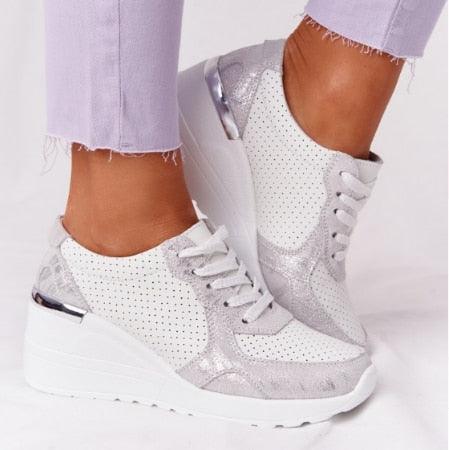 Women's sneakers white-silver platform lace-up with perforated panels on Tampa Home & Garden Store