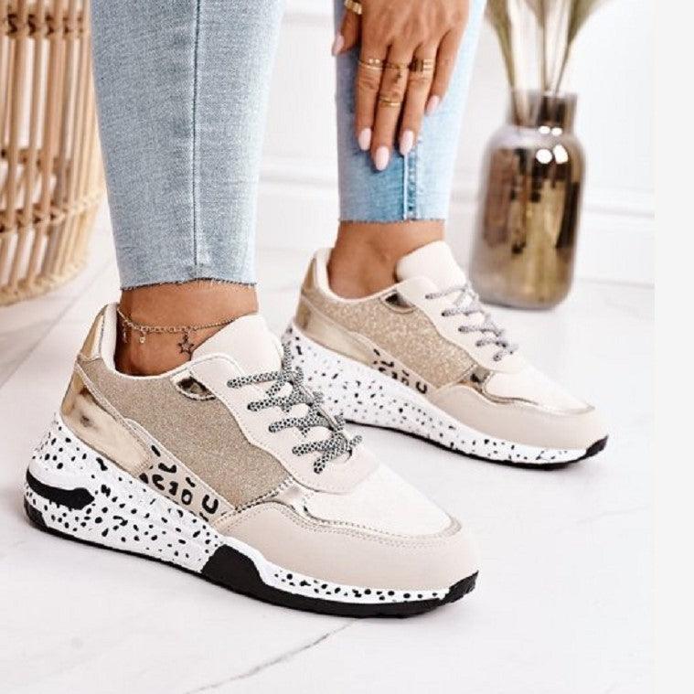 Women sneakers leopard print lace-up Stevvex gold beige breathable height-increasing shoes on Tampa Home & Garden Store