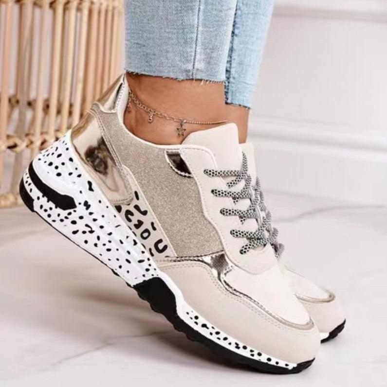 Stevvex women sneakers lace-up leopard-print white with accents, chunky speckled sole on Tampa Home & Garden Store