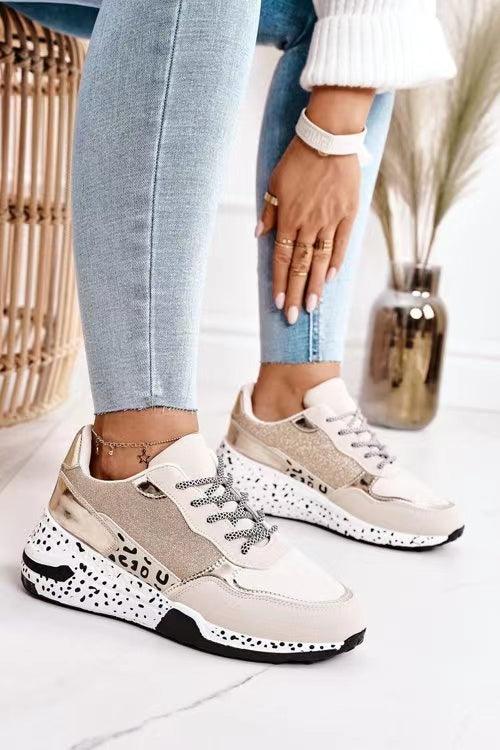 Women leopard print lace-up sneakers with beige upper and speckled midsole on Tampa Home & Garden Store