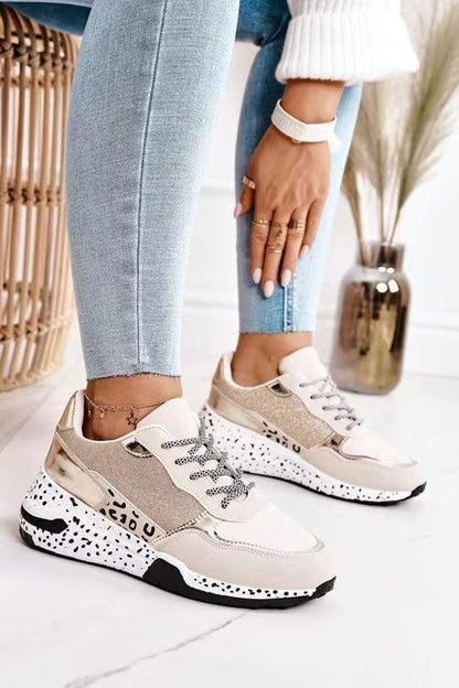 Women leopard print lace-up sneakers with beige upper and speckled midsole on Tampa Home & Garden Store