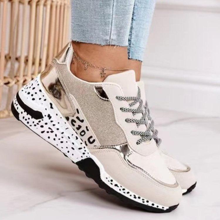 Stevvex women sneakers leopard print lace-up vulcanized sport shoes with metallic gold heel on Tampa Home & Garden Store