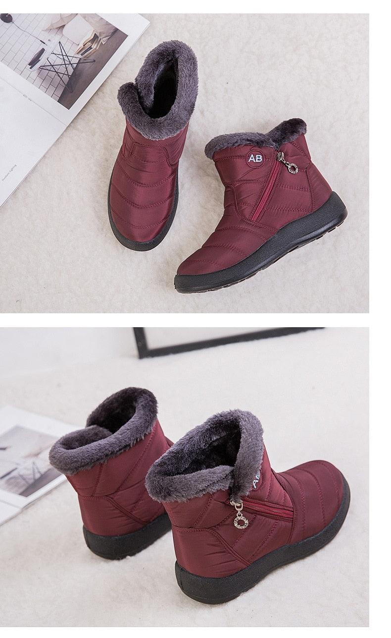 Stevvex Women Snow Boots burgundy short fur-lined ankle boots with gray plush lining side zipper and anti-slip sole on Tampa Home & Garden Store