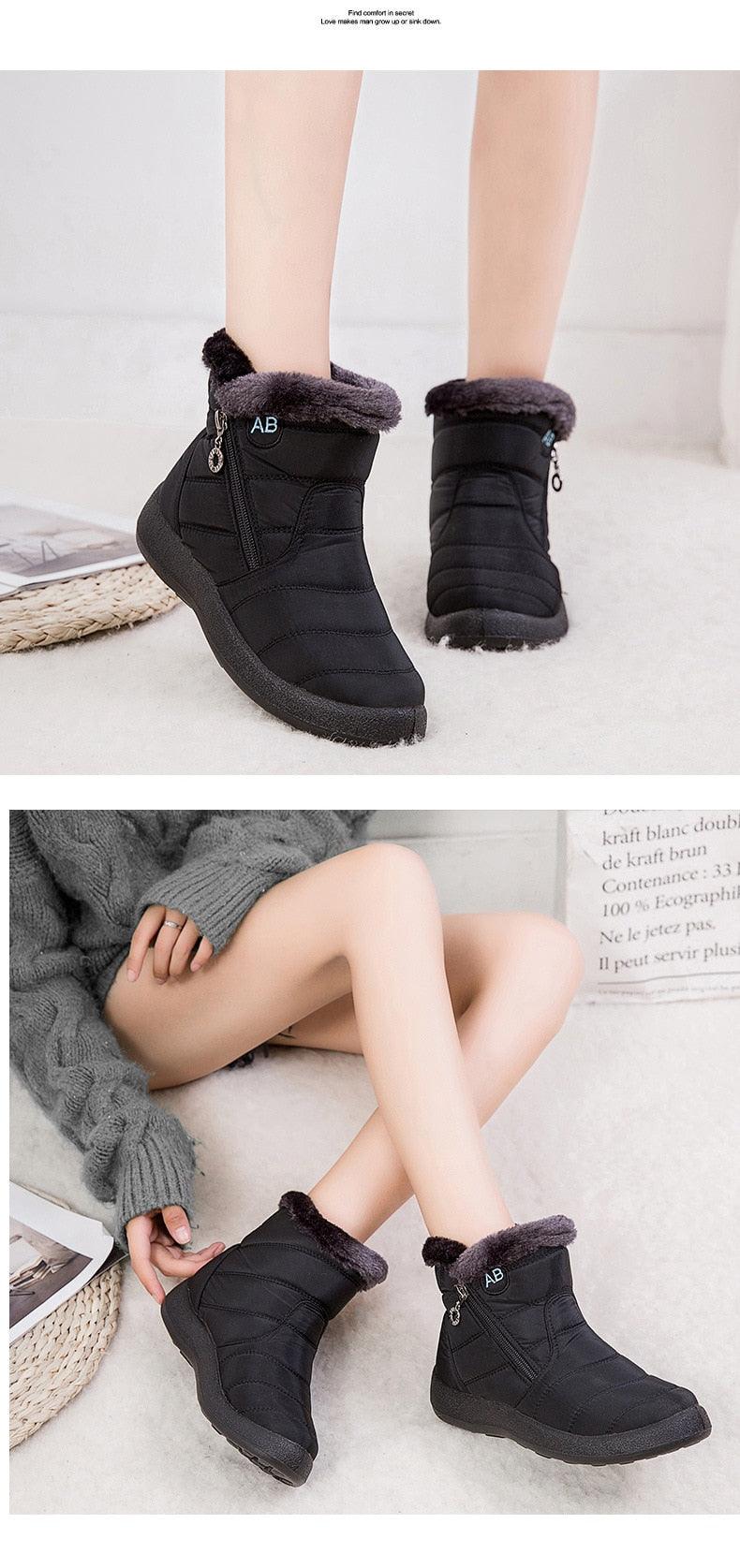 Stevvex women black snow boots with plush fur lining, side zip, anti-slip sole on Tampa Home & Garden Store