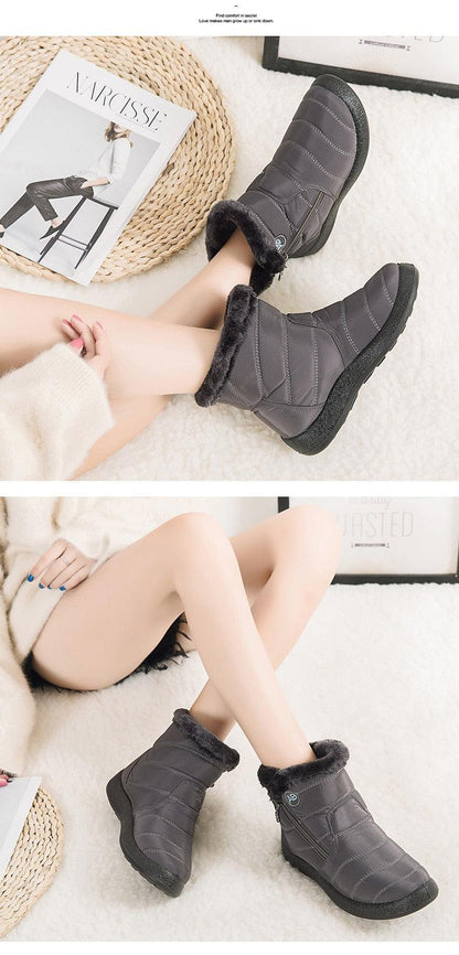 Stevvex Women Snow Boots gray fur-lined ankle boots with quilted panels anti-slip sole on Tampa Home & Garden Store