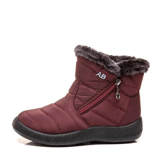 Stevvex burgundy fur-lined snow boot with side zipper, AB logo, quilted panels, black sole on Tampa Home & Garden Store