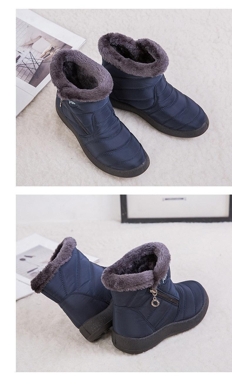 Stevvex women's snow boots navy blue fur-lined ankle boots with zip, quilted exterior, anti-slip sole on Tampa Home & Garden Store