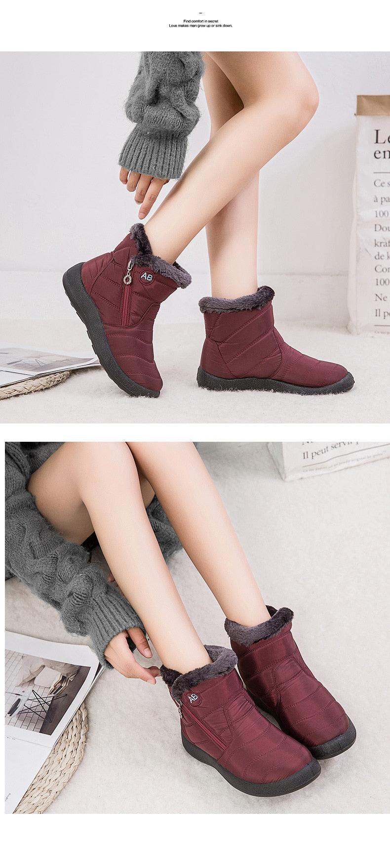Stevvex burgundy fur-lined winter ankle boots with zip, pair shown in two views on Tampa Home & Garden Store