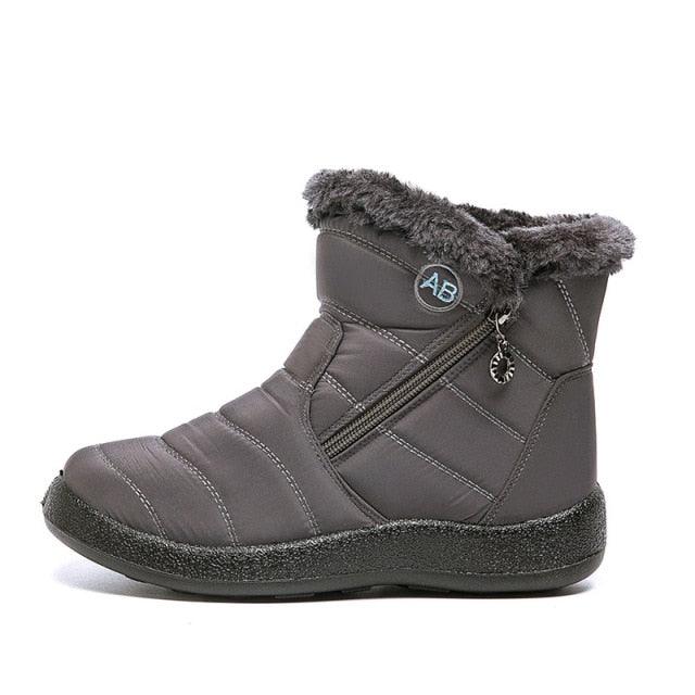 Stevvex women's snow boots grey quilted ankle boot with plush fur trim and side zipper on Tampa Home & Garden Store