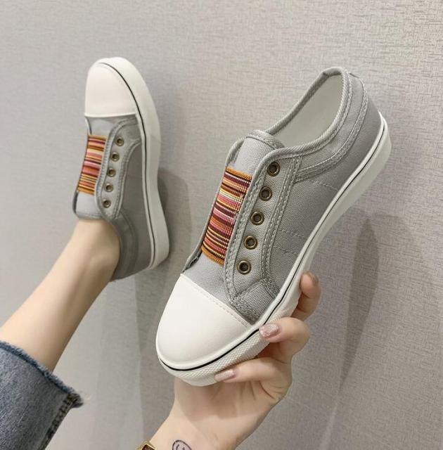 Stevvex women's gray canvas low-cut sneakers with white toe cap, slip-on walking flats on Tampa Home & Garden Store