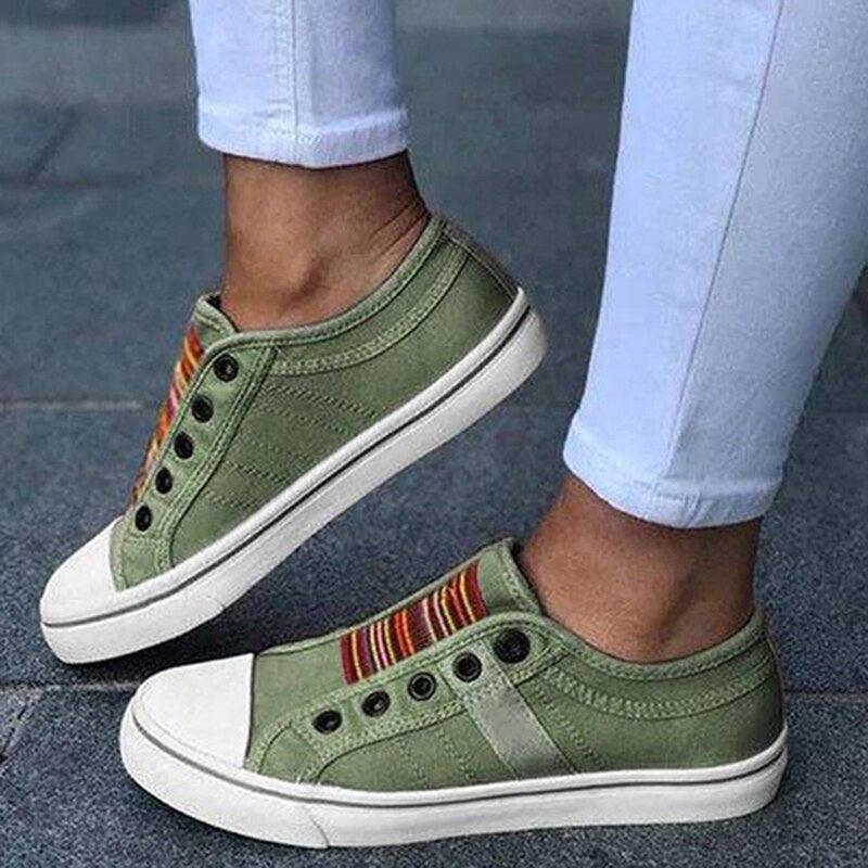 Stevvex women's olive green canvas sneakers low-cut with striped accent, white toe cap pair on Tampa Home & Garden Store