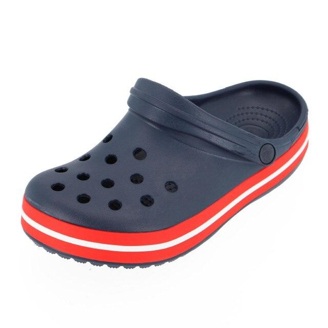 Women breathable garden clogs navy slip-on sandals with red platform stripe on Tampa Home & Garden Store