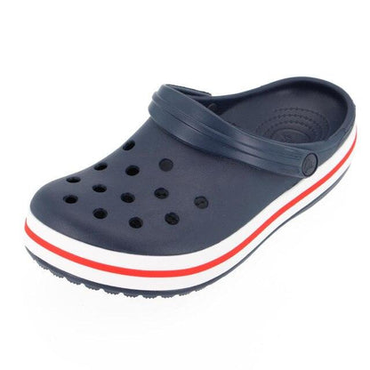 Stevvex navy garden clog slippers with breathable perforations and red white striped platform on Tampa Home & Garden Store