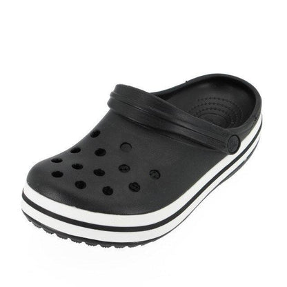 Stevvex women's black platform garden clogs with breathable holes and white striped sole on Tampa Home & Garden Store
