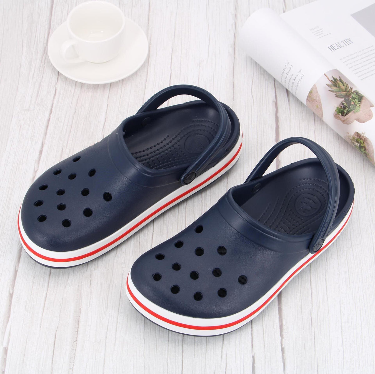Stevvex women's navy garden clogs with perforated upper, lightweight slip-on beach sandals on Tampa Home & Garden Store