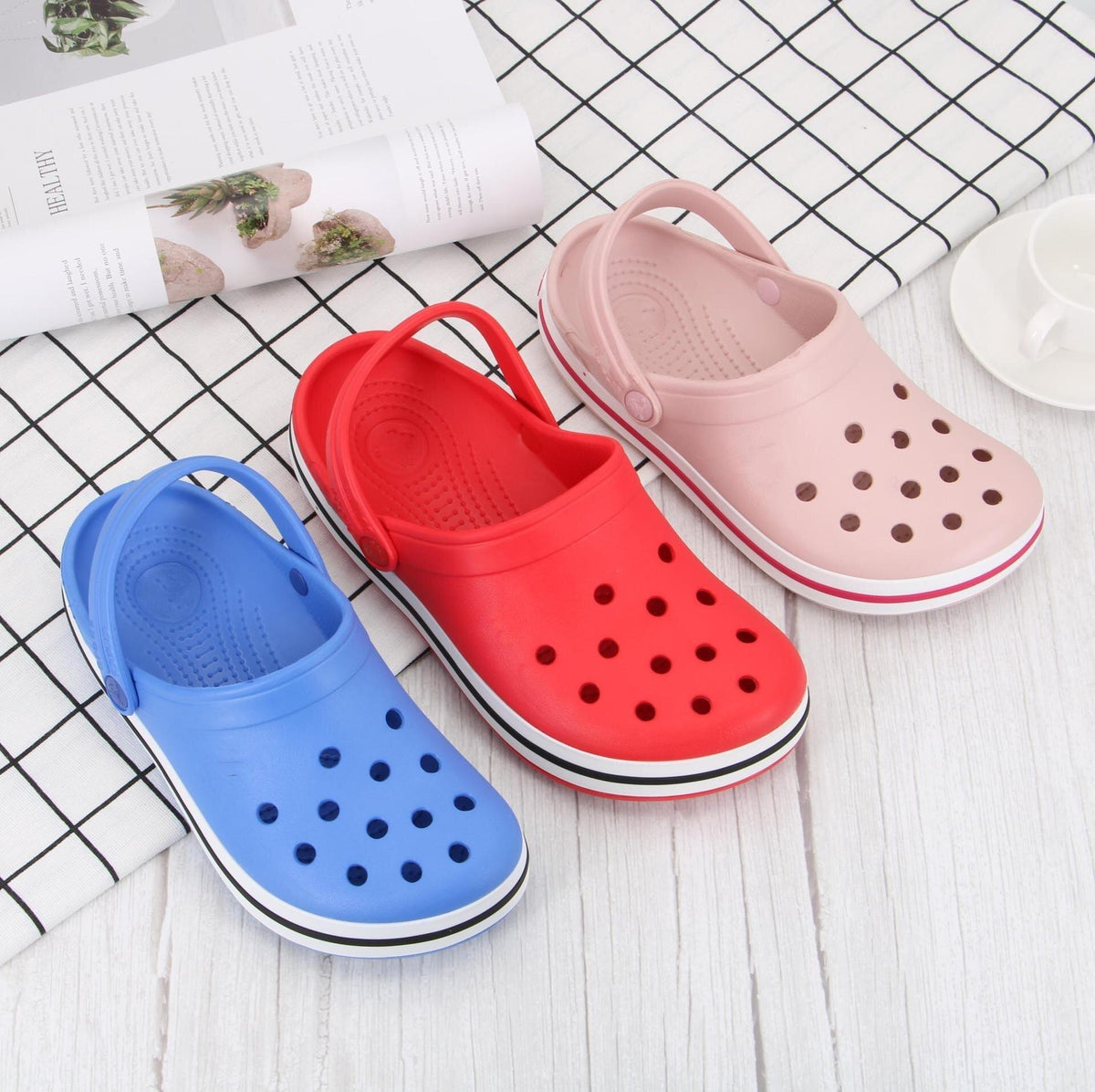 Women summer breathable garden clogs in blue red pink, slip-on beach slippers set on Tampa Home & Garden Store