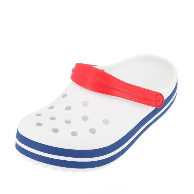 Stevvex women's white beach clogs, red strap, blue striped sole, slip-on sandals on Tampa Home & Garden Store