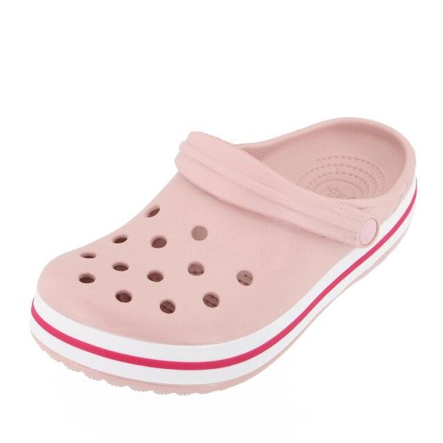 Stevvex pink women's garden clog with heel strap and perforated upper, striped sole on Tampa Home & Garden Store