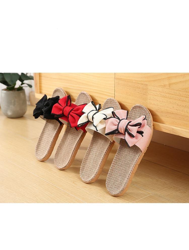 Stevvex Women casual linen slippers with bow details; five pairs on woven beige footbeds on Tampa Home & Garden Store