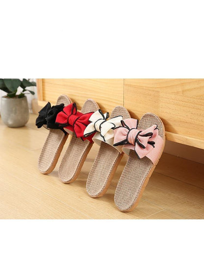 Stevvex Women casual linen slippers with bow details; five pairs on woven beige footbeds on Tampa Home & Garden Store