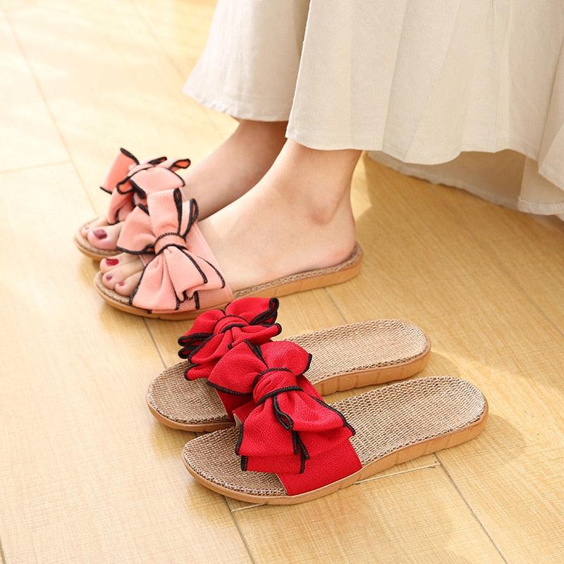 Women casual linen slippers with bow details in pink and red two-tone, Stevvex slippers on Tampa Home & Garden Store