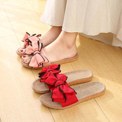 Women casual linen slippers with bow details in pink and red two-tone, Stevvex slippers on Tampa Home & Garden Store