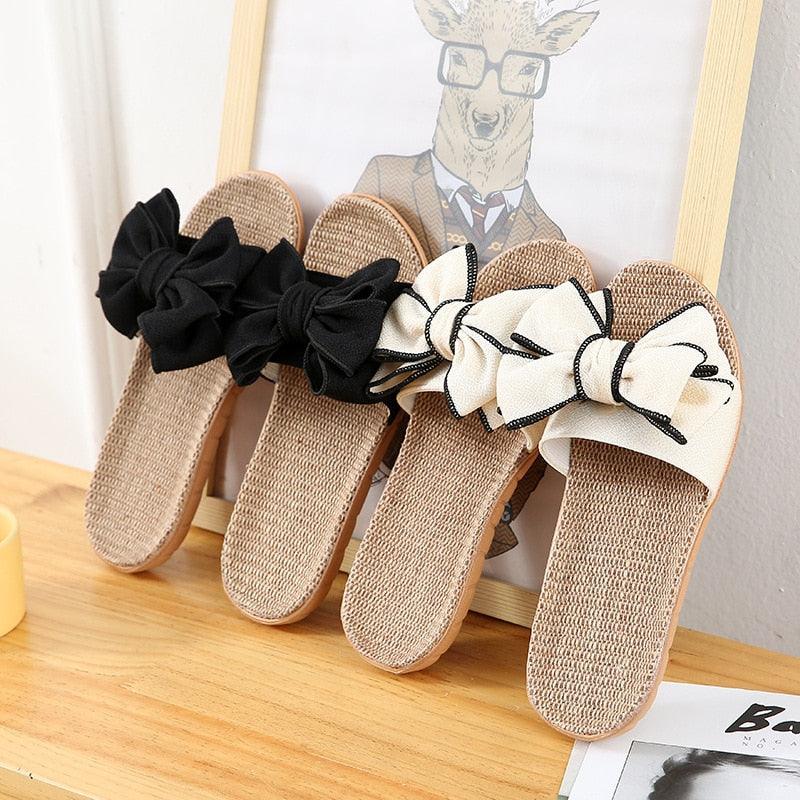 Stevvex women casual linen slippers with bows; beige woven soles, black and white bows, 3 pairs on Tampa Home & Garden Store