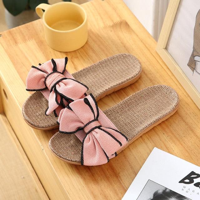 Women Casual Linen Slippers by Stevvex, pink bow-detail pair, woven sole on Tampa Home & Garden Store