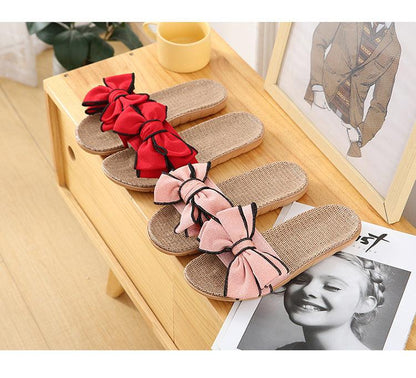 Women Casual Linen Slippers with bow details in red and pink, two pairs by Stevvex on Tampa Home & Garden Store