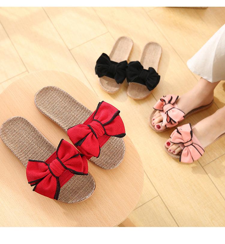 Women casual linen slippers with red bow detail and woven footbed, three bow colors nearby on Tampa Home & Garden Store