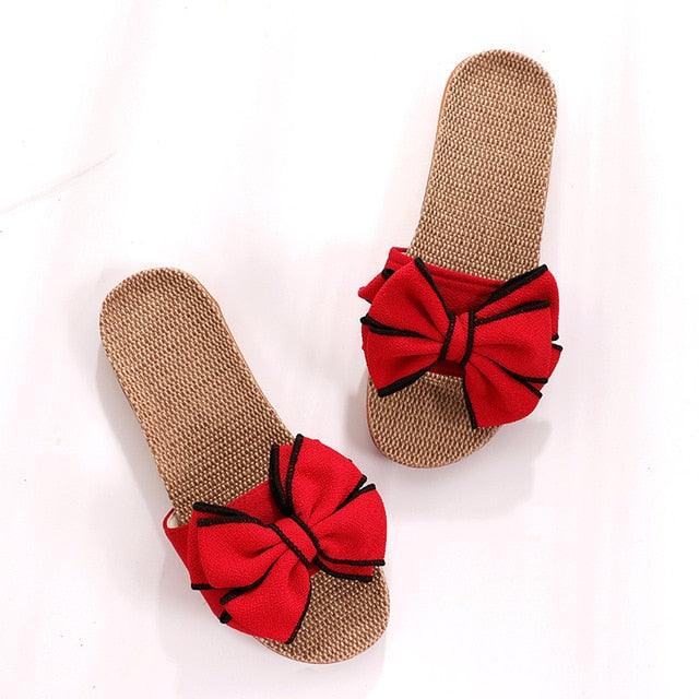 Women Summer Casual Sandals Stevvex red bow linen woven straw footbeds pair on Tampa Home & Garden Store