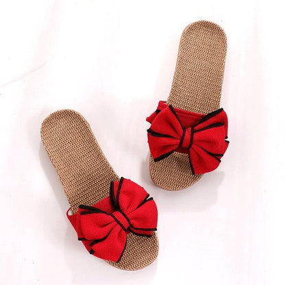 Women Summer Casual Sandals Stevvex red bow linen woven straw footbeds pair on Tampa Home & Garden Store