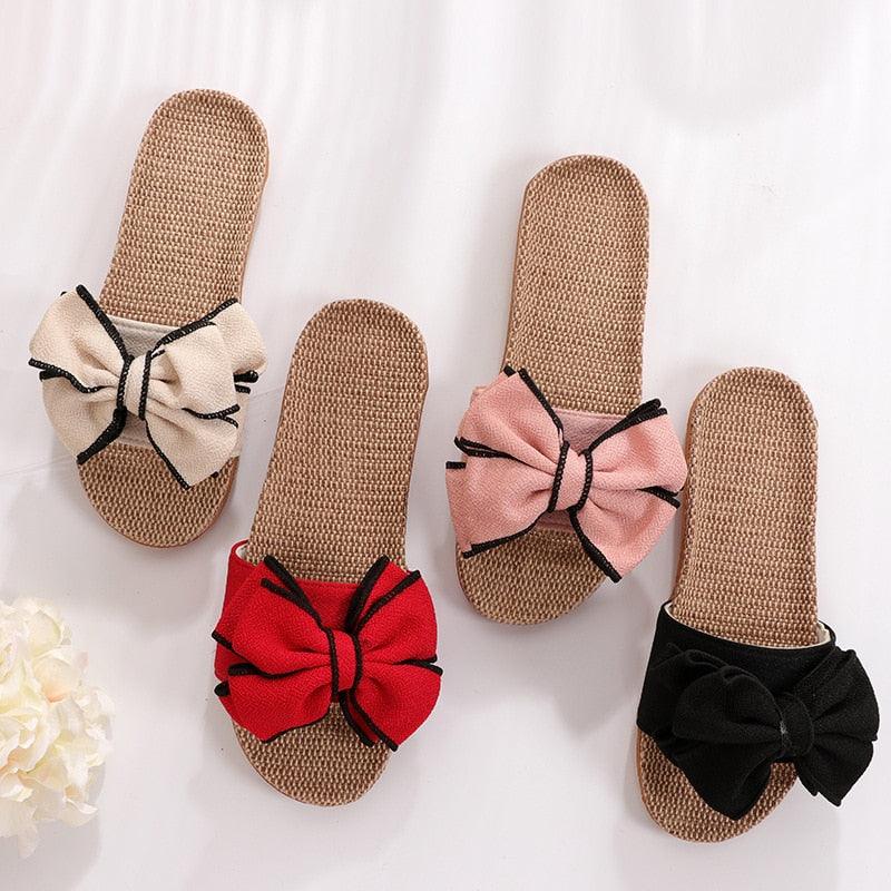 Stevvex Women Summer Linen Bow Slides with woven sole and multicolor bow straps (4 colors) on Tampa Home & Garden Store