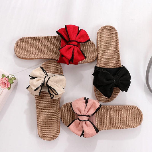 Stevvex women's linen bow sandals with woven sole in red cream pink black on Tampa Home & Garden Store